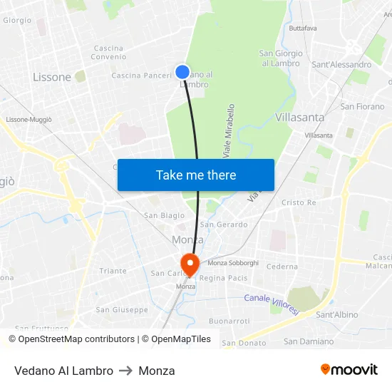 Vedano Al Lambro to Monza map