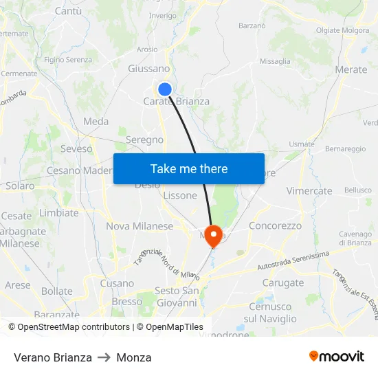 Verano Brianza to Monza map