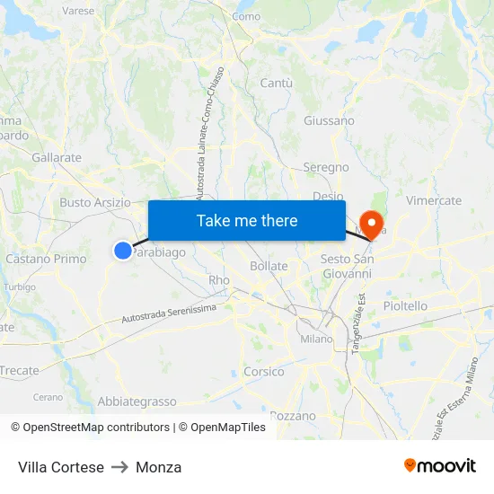 Villa Cortese to Monza map