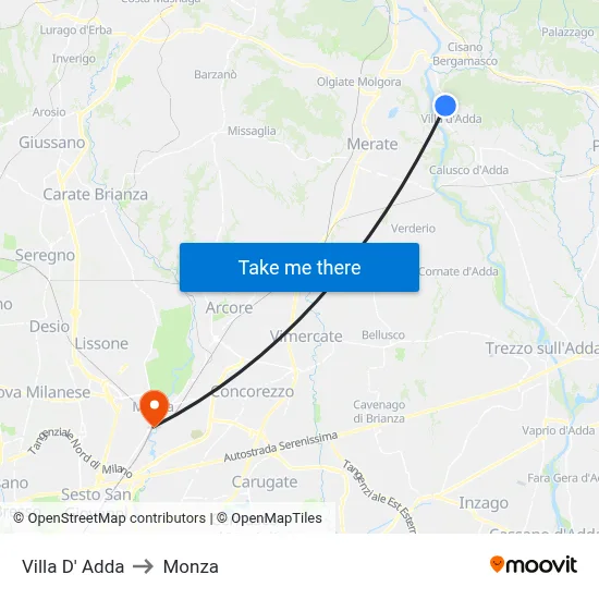 Villa D' Adda to Monza map