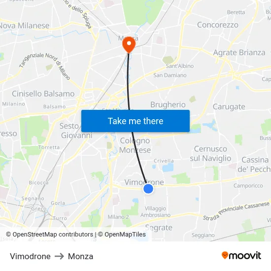 Vimodrone to Monza map