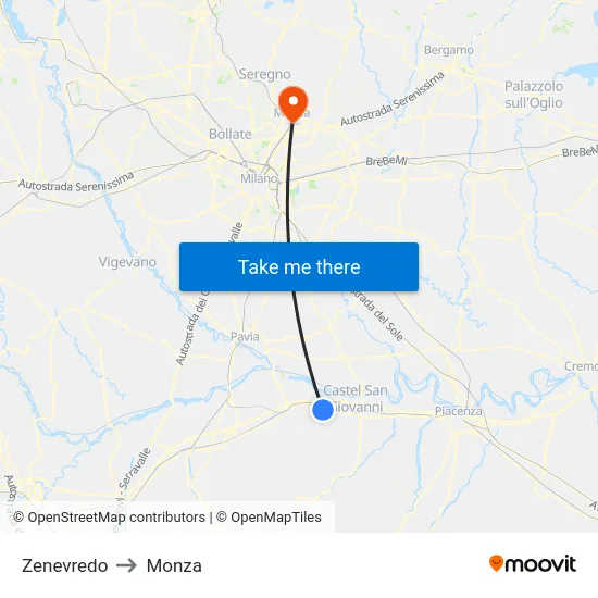 Zenevredo to Monza map