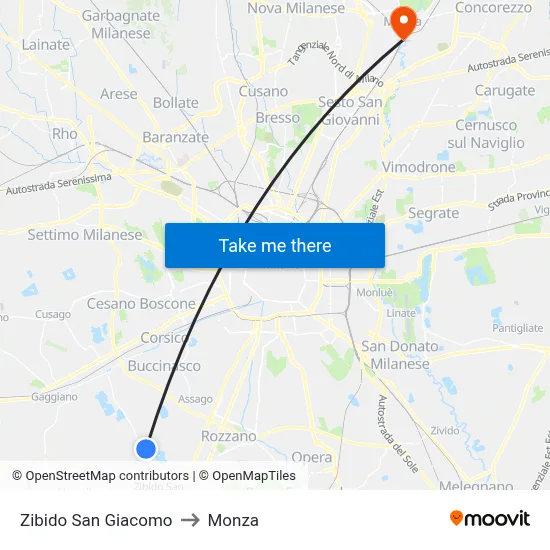Zibido San Giacomo to Monza map