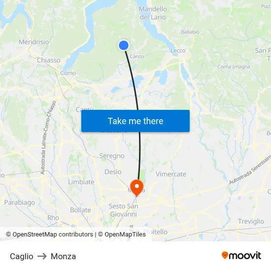 Caglio to Monza map
