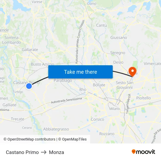 Castano Primo to Monza map