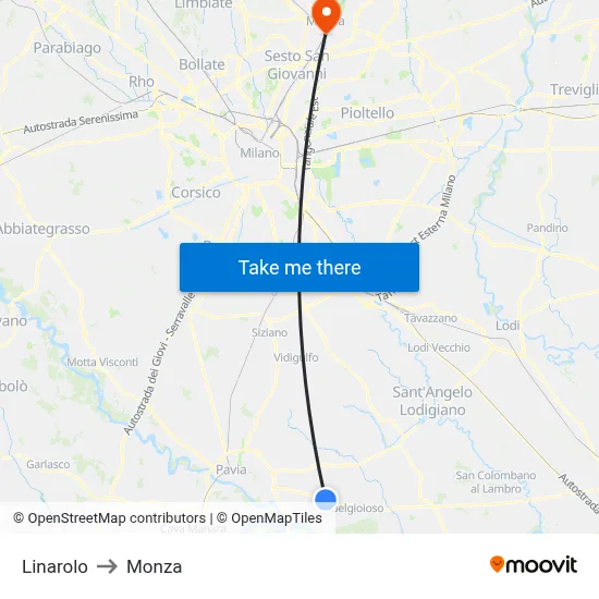 Linarolo to Monza map