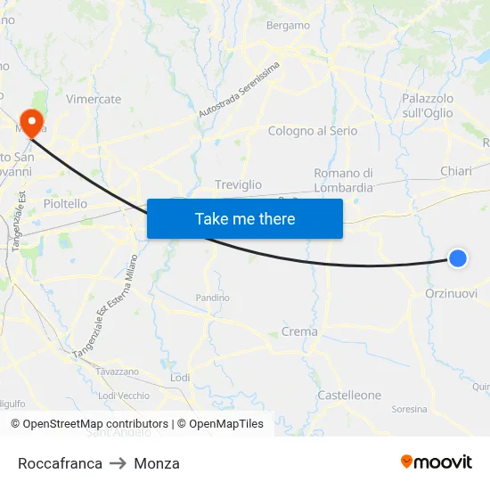 Roccafranca to Monza map
