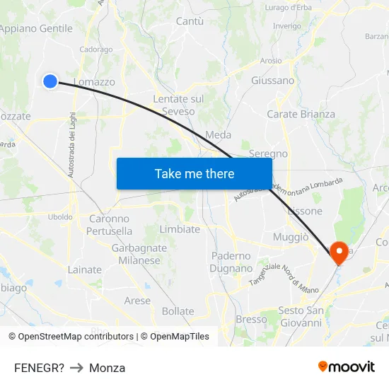 Fenegro to Monza map