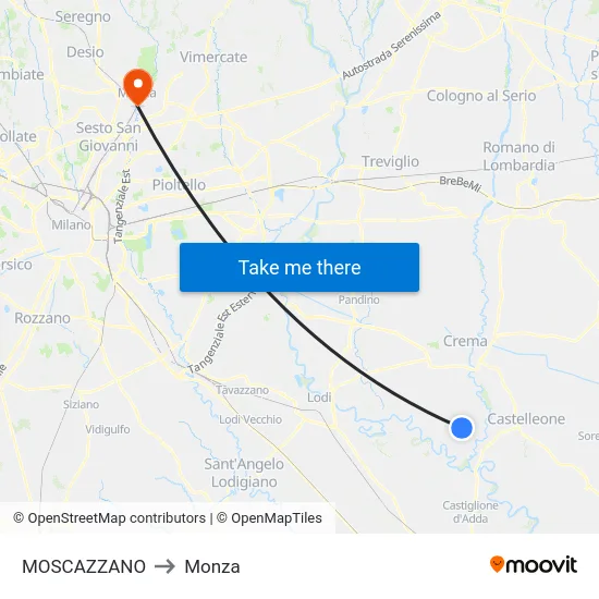 Moscazzano to Monza map