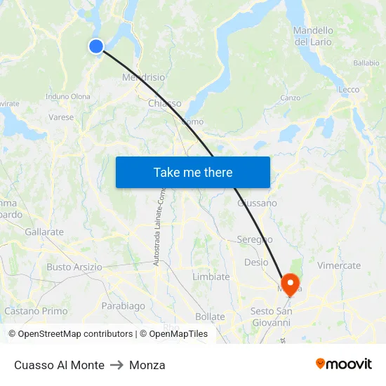 Cuasso Al Monte to Monza map