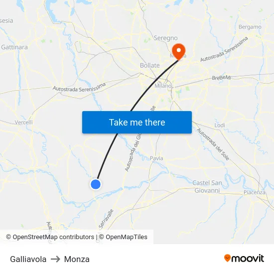 Galliavola to Monza map