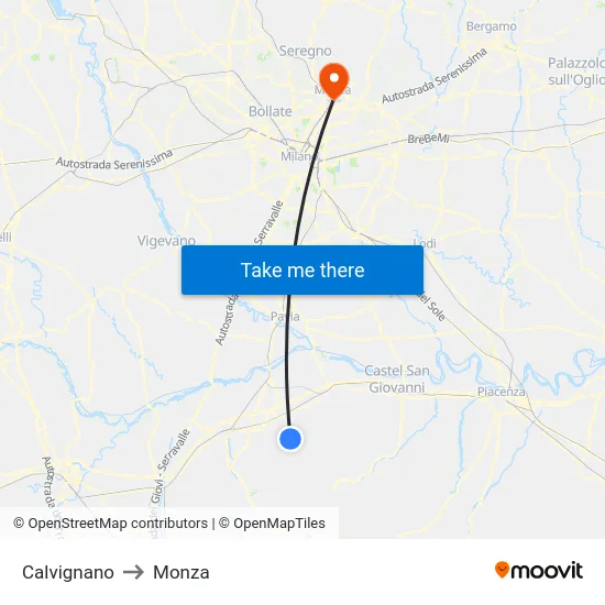 Calvignano to Monza map