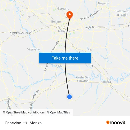 Canevino to Monza map