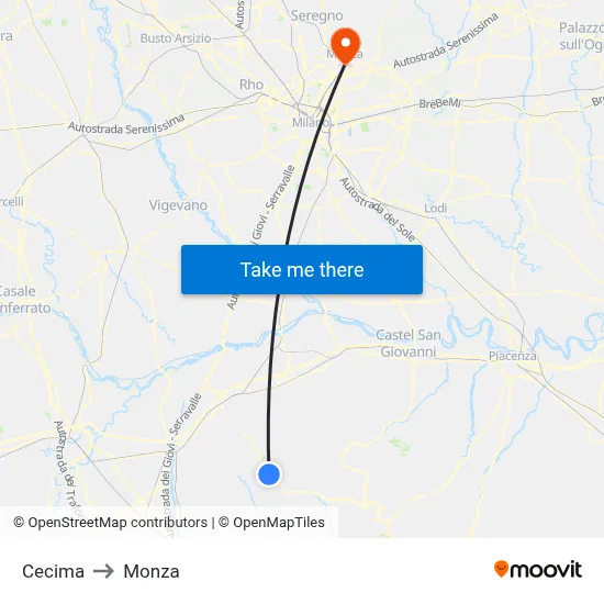 Cecima to Monza map