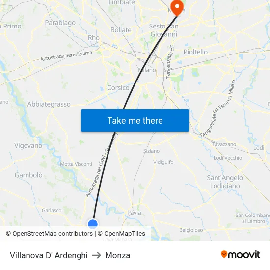 Villanova d'Ardenghi to Monza map