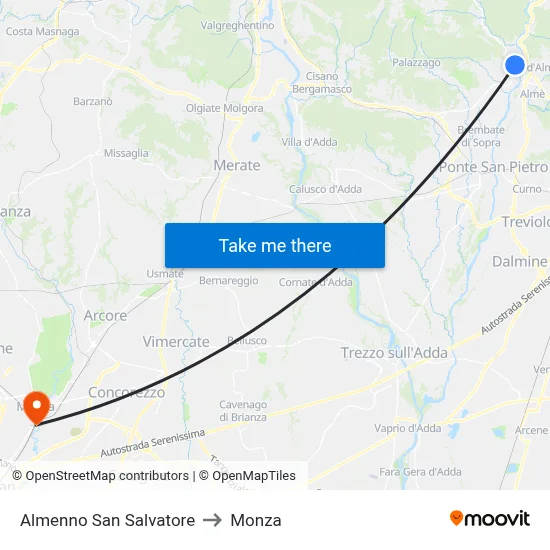 Almenno San Salvatore to Monza map