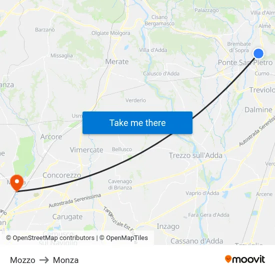 Mozzo to Monza map