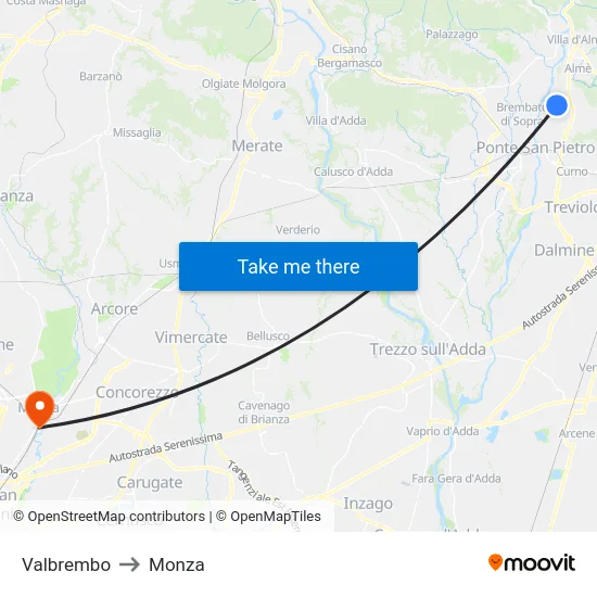 Valbrembo to Monza map