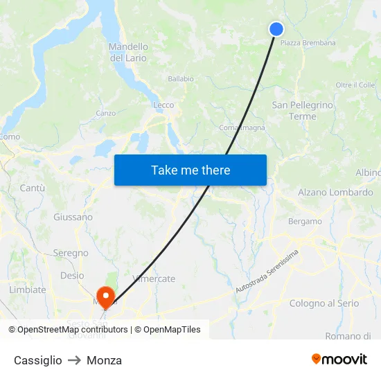 Cassiglio to Monza map