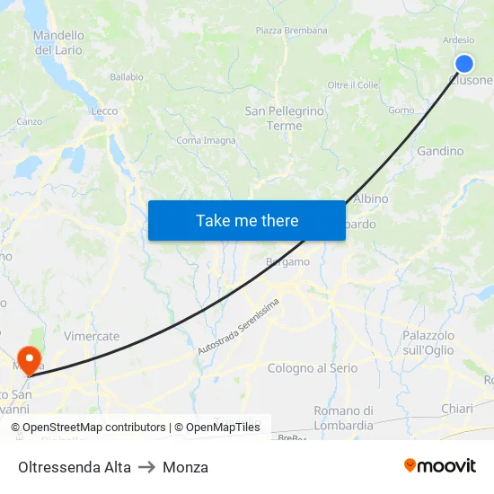 Oltressenda Alta to Monza map