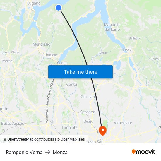 Ramponio Verna to Monza map