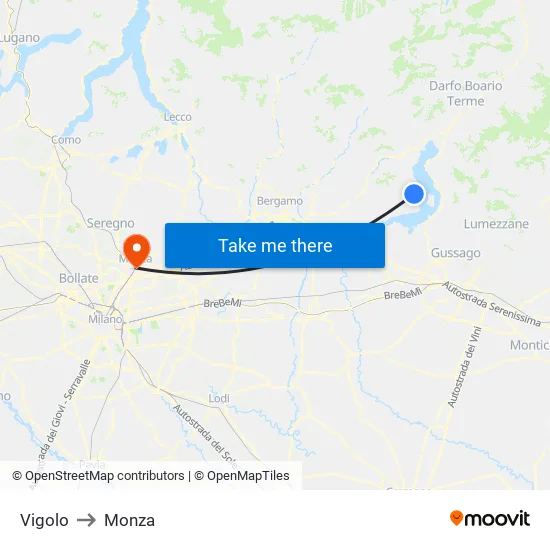 Vigolo to Monza map