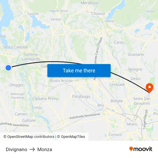 Divignano to Monza map