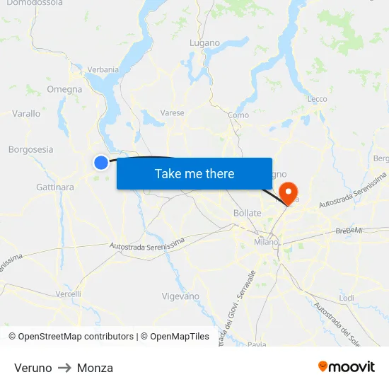 Veruno to Monza map