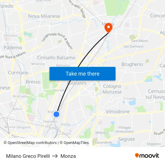Milano Greco Pirelli to Monza map