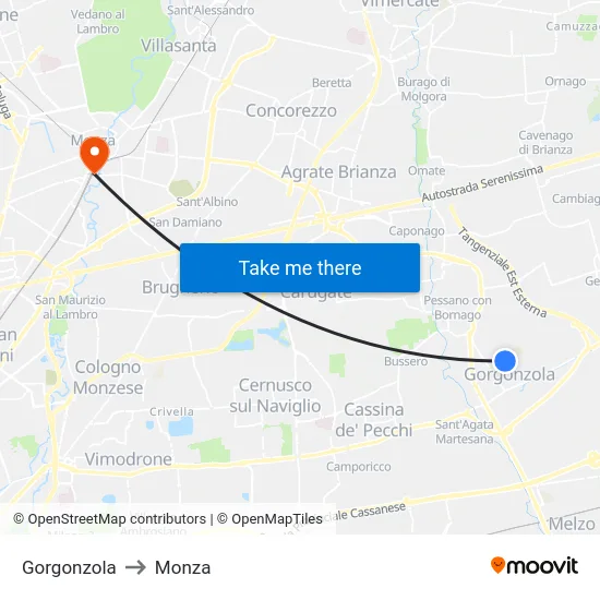 Gorgonzola to Monza map