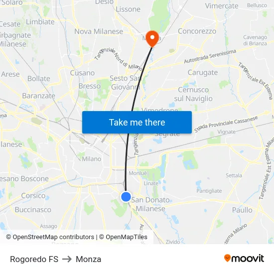 Rogoredo FS to Monza map