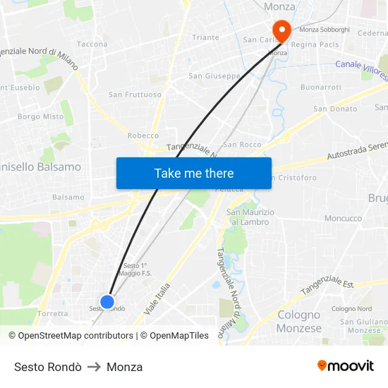 Sesto Rondò to Monza map