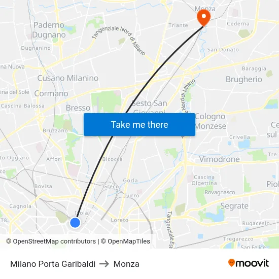 Milano Porta Garibaldi to Monza map