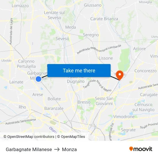 Garbagnate Milanese to Monza map