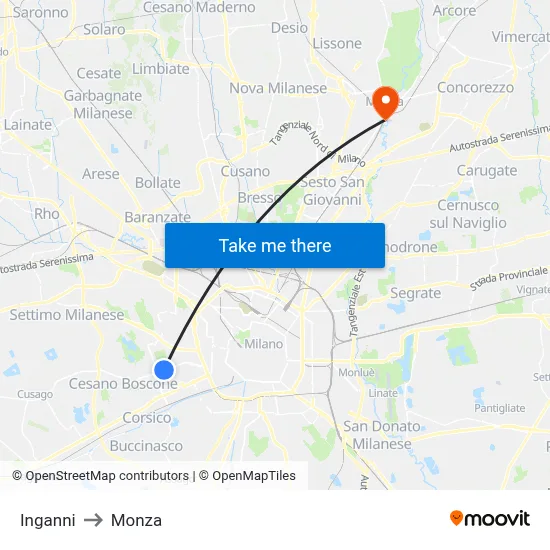 Inganni to Monza map
