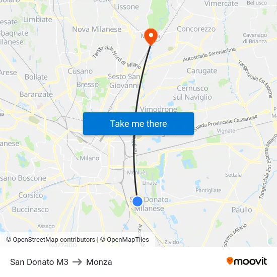 San Donato M3 to Monza map