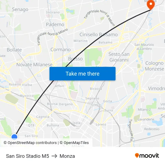 San Siro Stadio M5 to Monza map