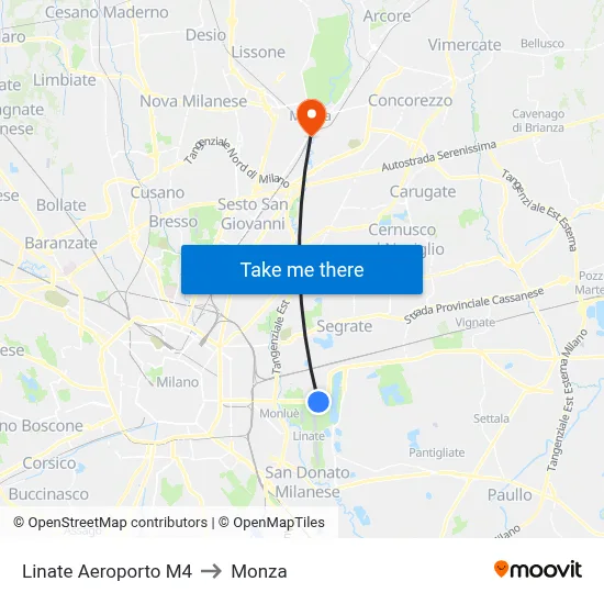 Linate Airport M4 to Monza map