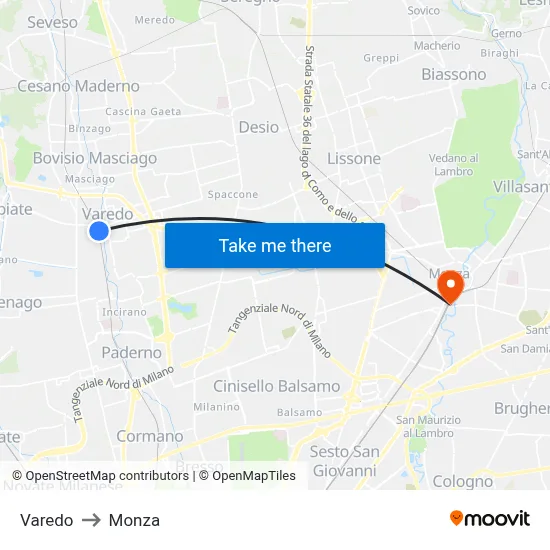 Varedo to Monza map