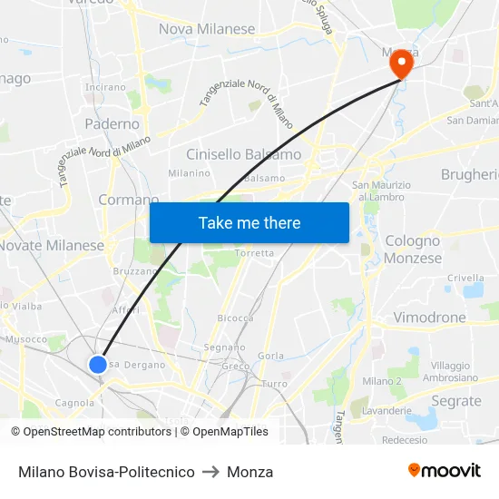 Milan Bovisa-Polytechnic to Monza map