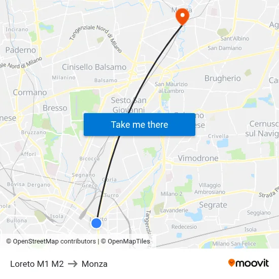 Loreto M1 M2 to Monza map