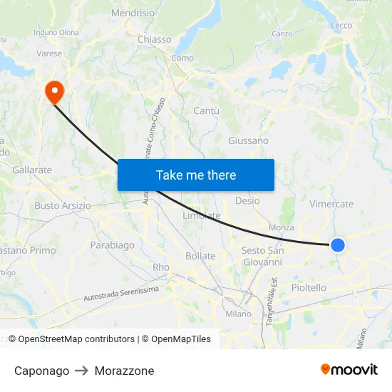 Caponago to Morazzone map