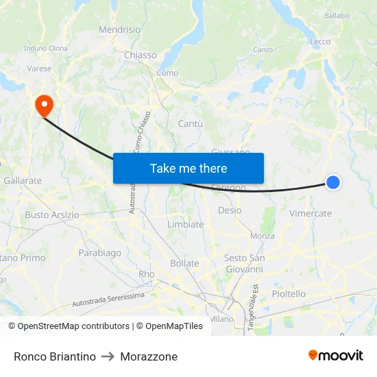Ronco Briantino to Morazzone map