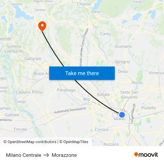 Milan Central to Morazzone map