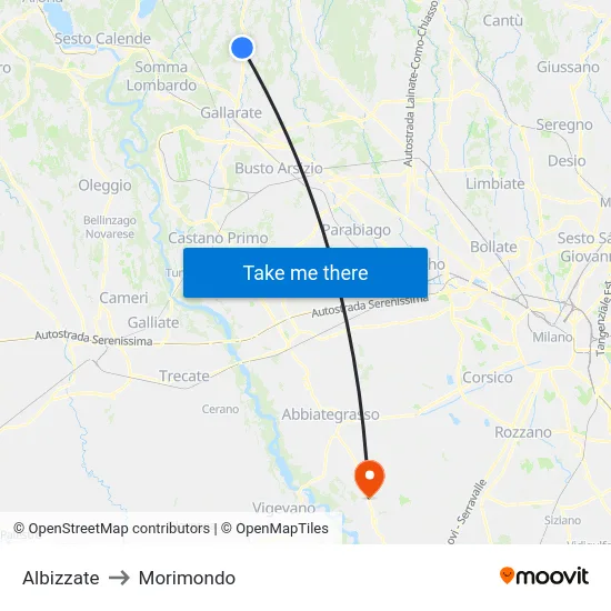 Albizzate to Morimondo map