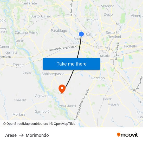 Arese to Morimondo map