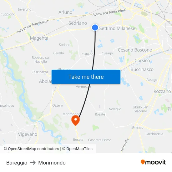 Bareggio to Morimondo map