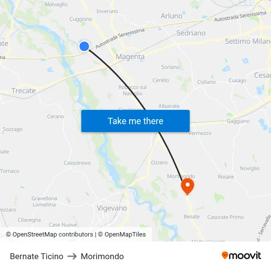 Bernate Ticino to Morimondo map