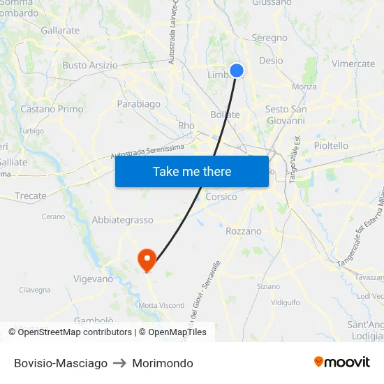 Bovisio-Masciago to Morimondo map
