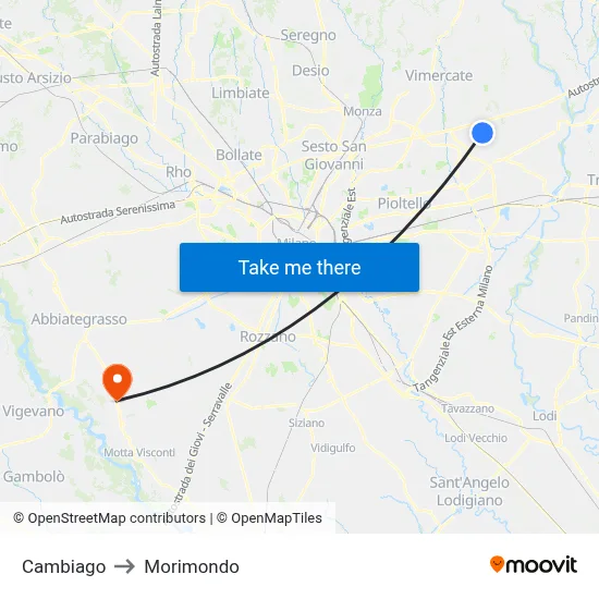 Cambiago to Morimondo map